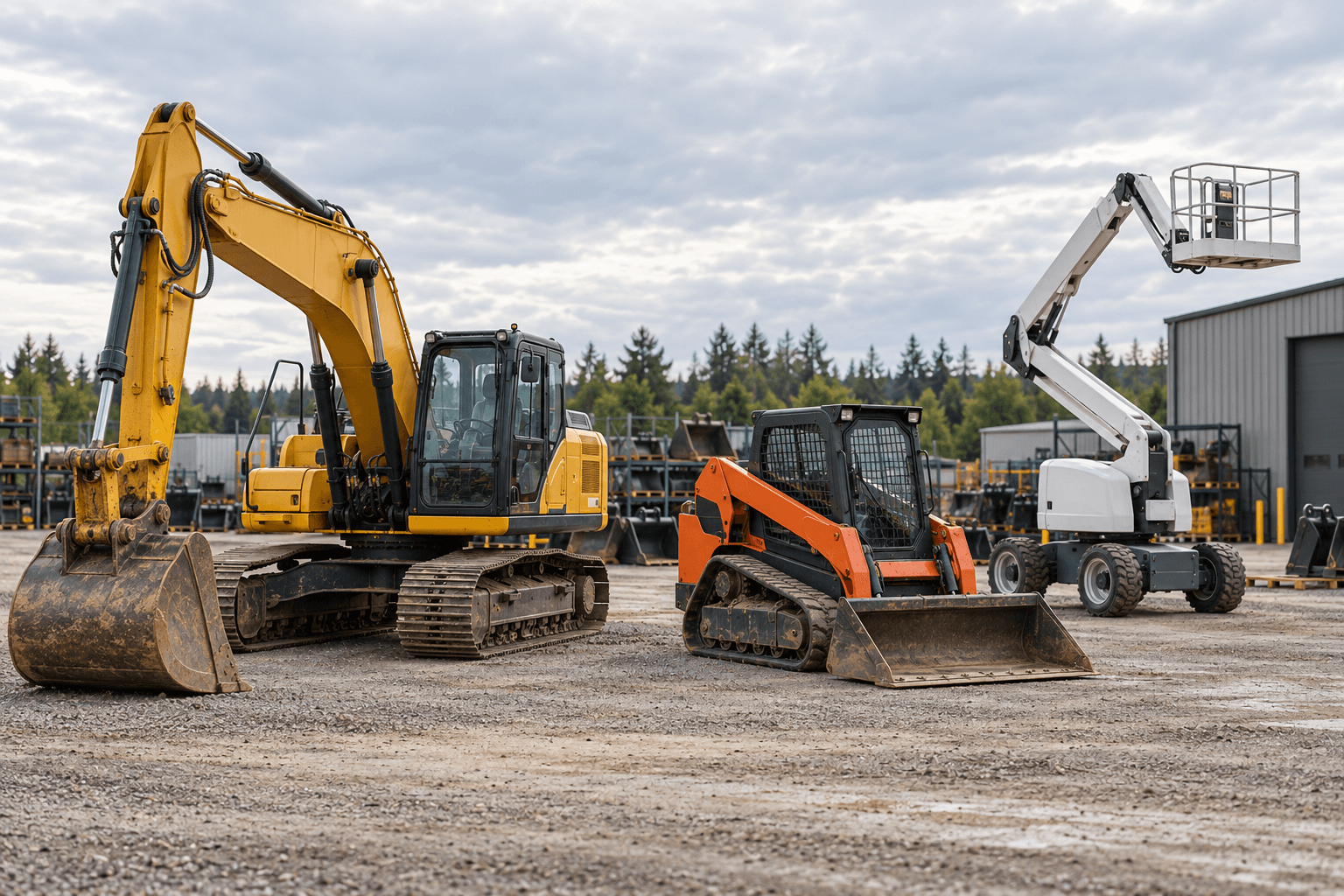 Illustrative mixed rental fleet parked in an equipment yard