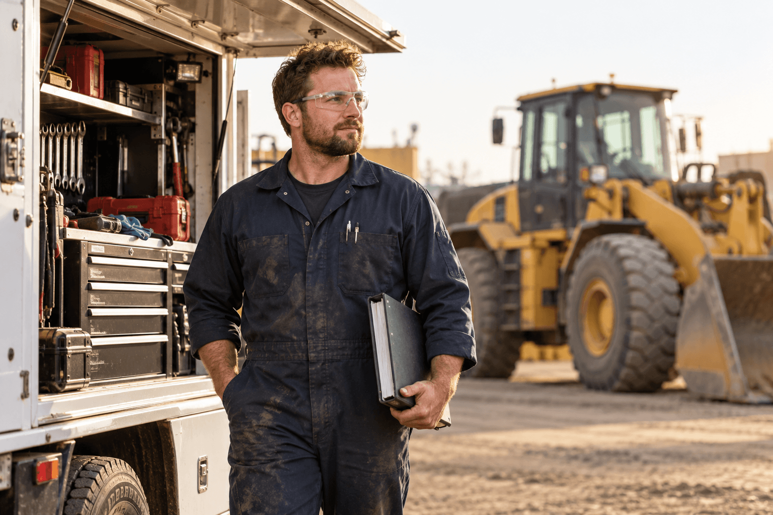 Illustrative mobile equipment technician beside a service truck