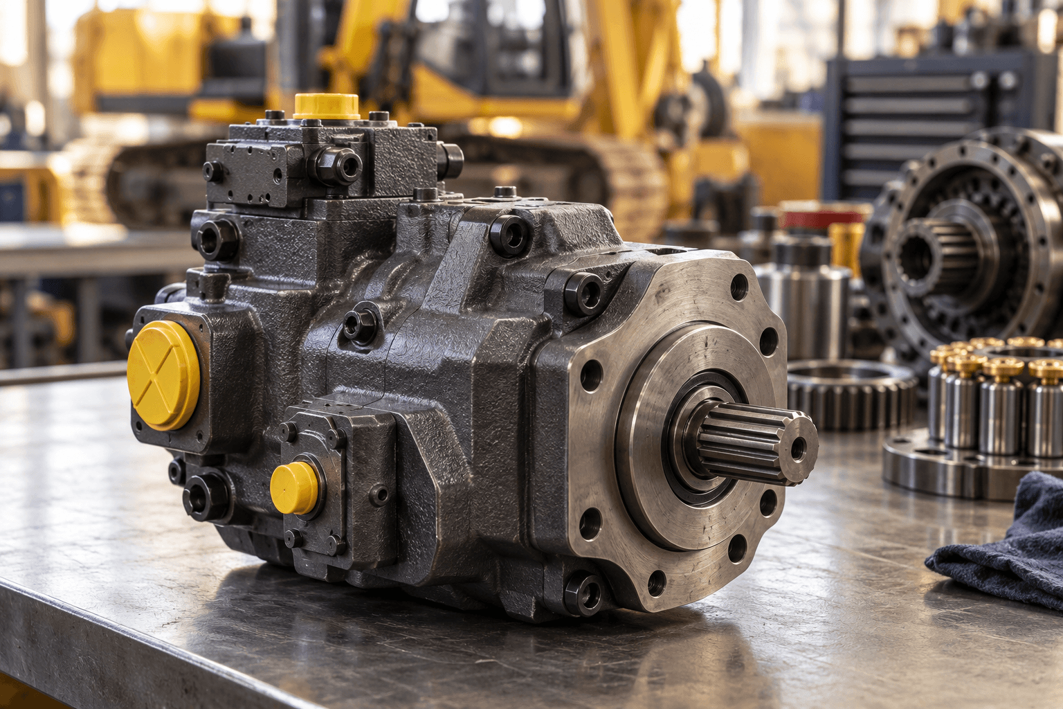 Illustrative hydraulic pump assembly on a workshop bench