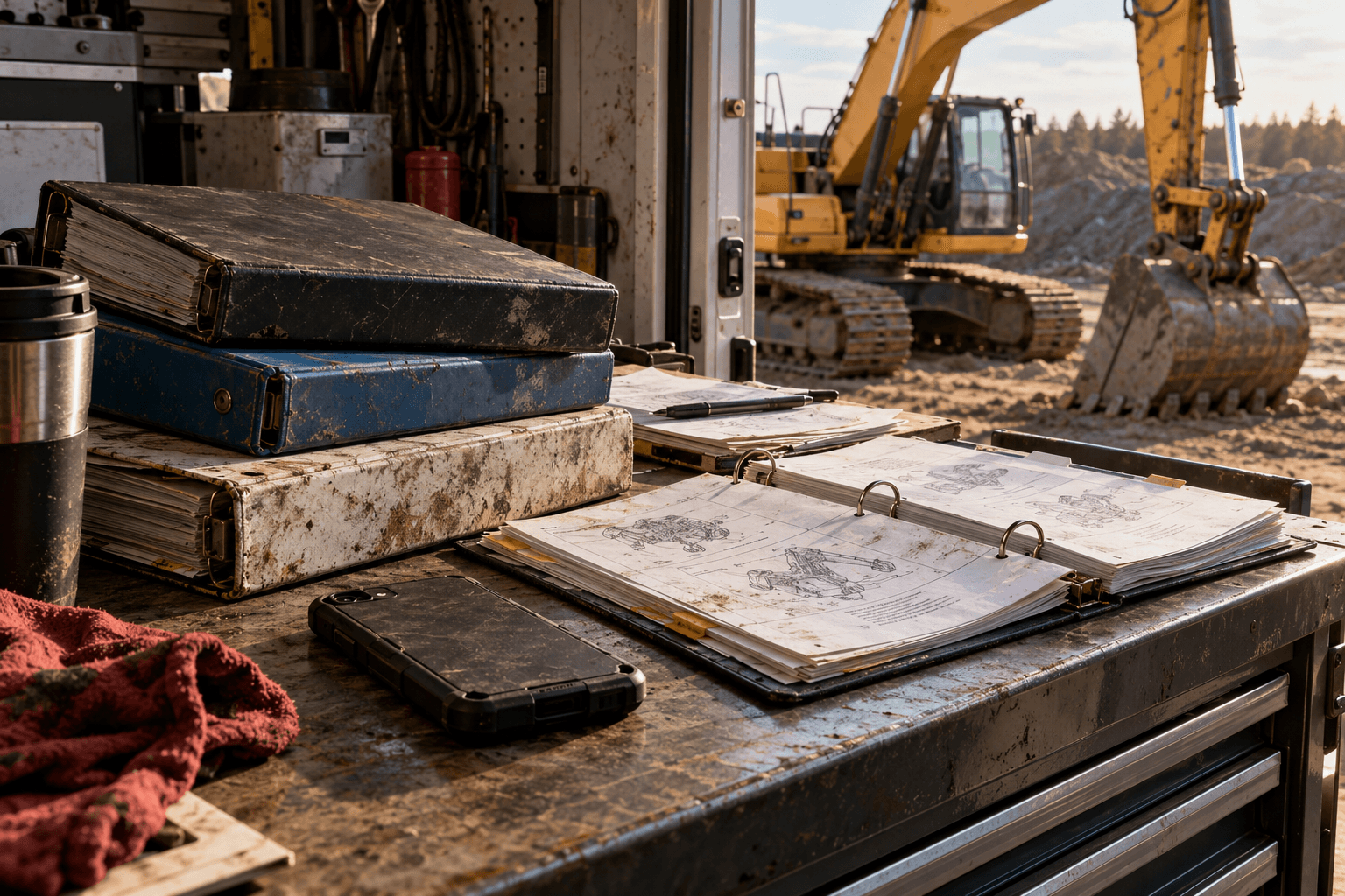 Illustrative service binders on a field truck workbench beside an excavator