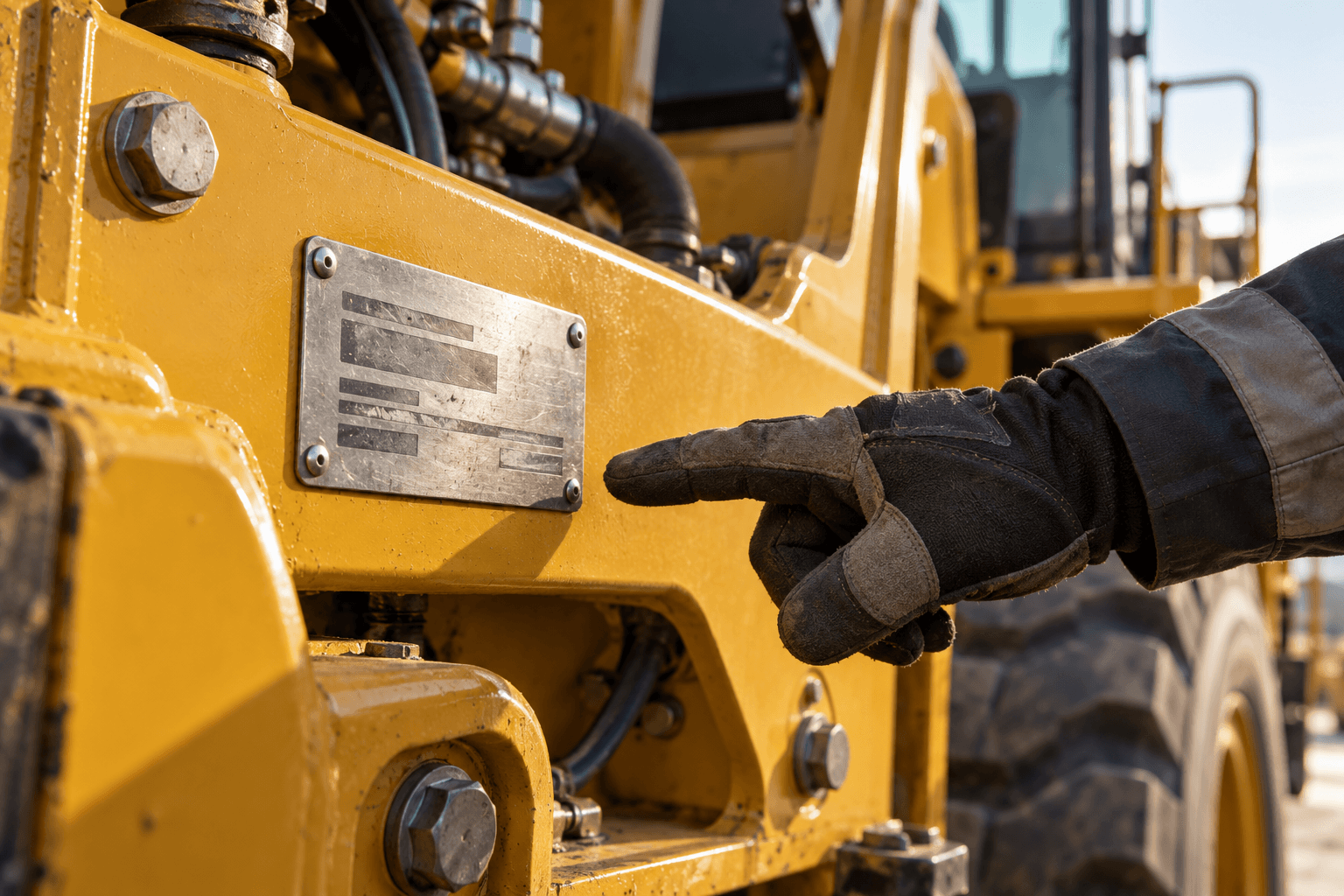 Illustrative equipment identification plate on a machine frame