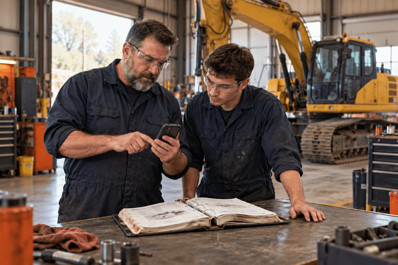 Illustrative lead technician and mechanic reviewing a smartphone and service binder